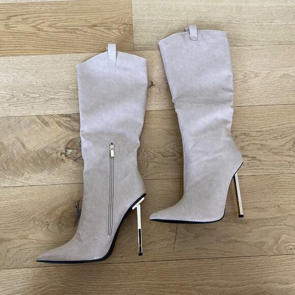 Pretty Little Thing Faux Leather Metal Heeled Boots in Cream - Picture 2 of 7